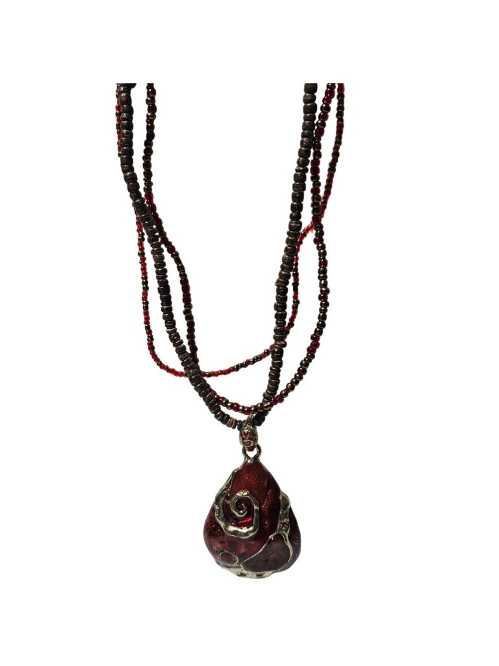 Vintage Pendant Necklace Burgundy Gold Tone Swirl Mixed Media Seed Beaded Chain